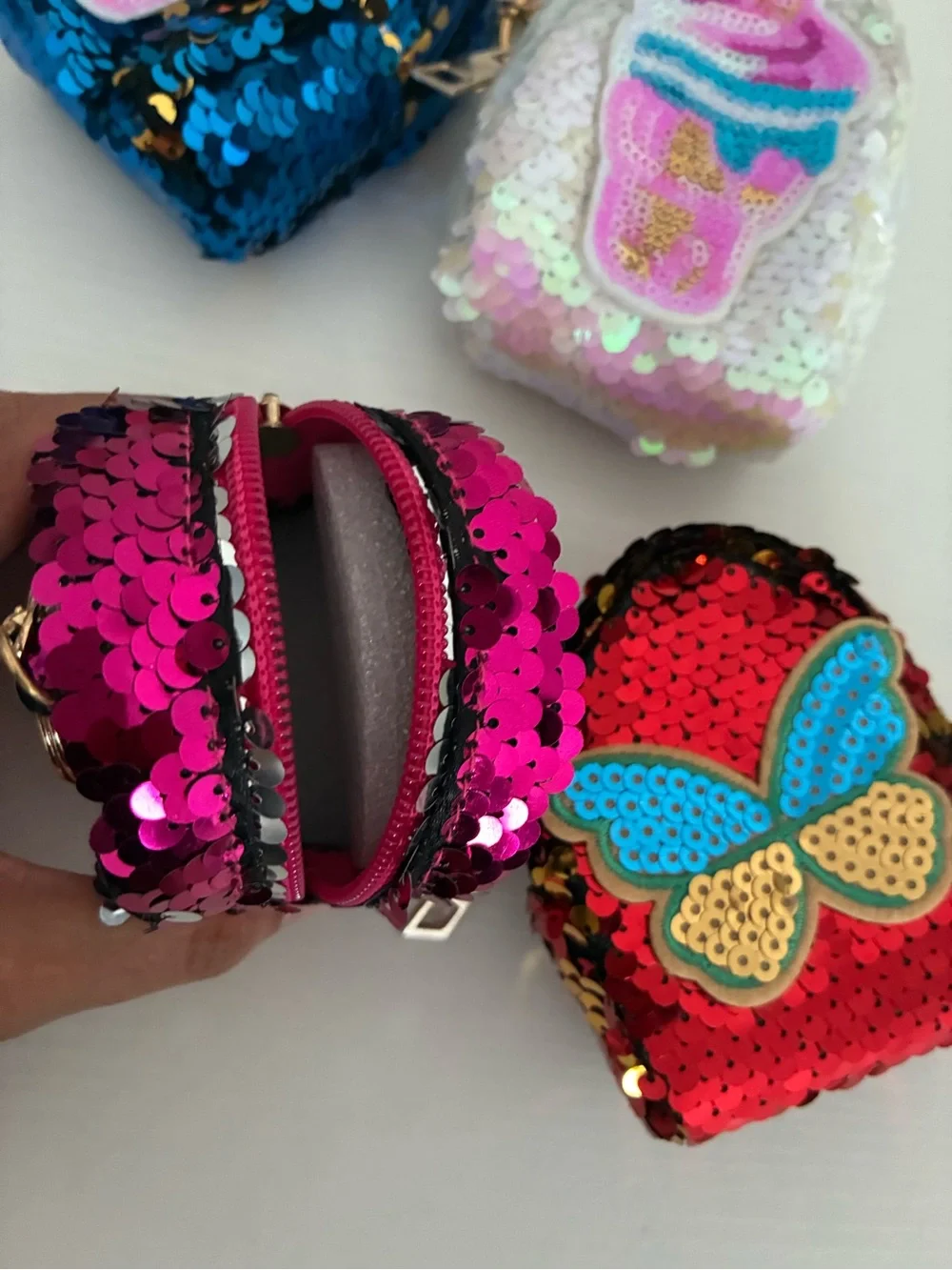 Sequin Mini Backpack Keychain - Pink, Blue, Red, White.